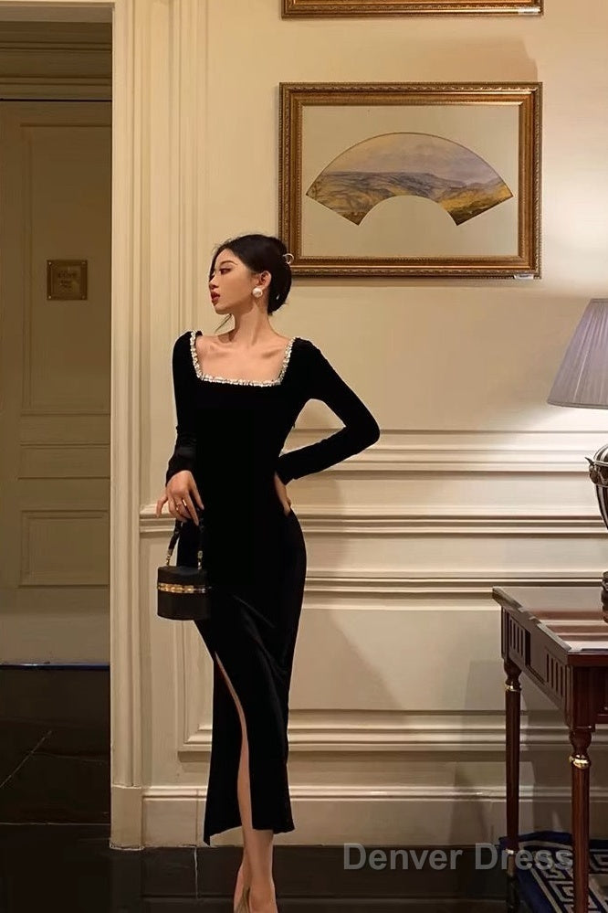 Sexy French Sheath Square Neckline Black Prom Dresses Birthday Outfits Prom Gowns