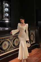 Sexy French Sheath Square Neckline Ivory Long Sleeves Prom Dresses Birthday Outfits Prom Gowns