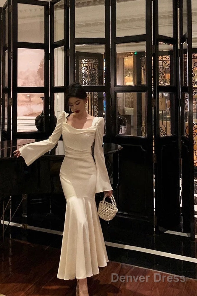 Sexy French Sheath Square Neckline Ivory Long Sleeves Prom Dresses Birthday Outfits Evening Gown