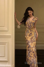 Sexy French Sheath V Neckline Floral Long Prom Dresses Birthday Outfits Evening Gown