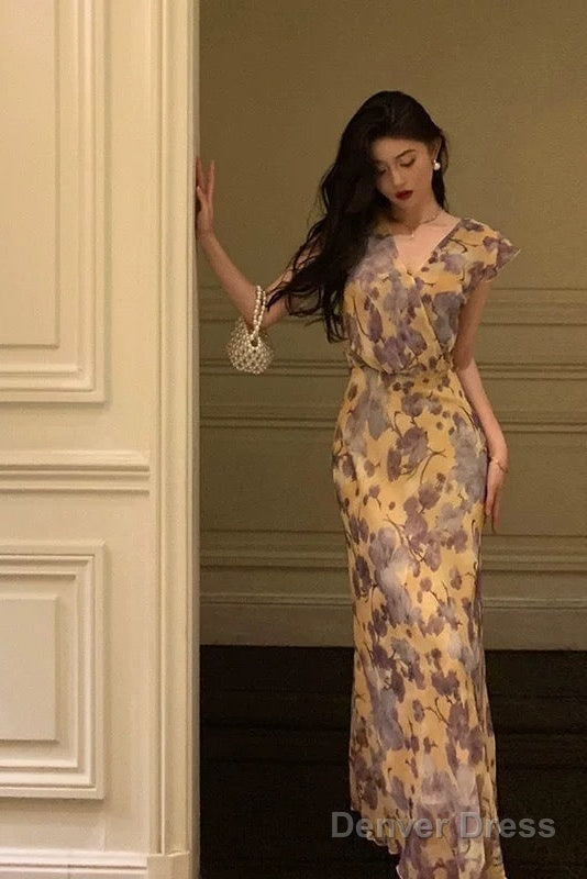 Sexy French Sheath V Neckline Floral Long Prom Dresses Birthday Outfits Evening Gown