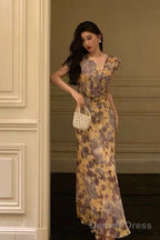 Sexy French Sheath V Neckline Floral Long Prom Dresses Birthday Outfits Evening Gown