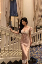 Sexy French Sheath V Neckline Long Pink Prom Dresses Birthday Outfits Evening Gown