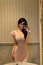 Sexy French Sheath V Neckline Long Pink Prom Dresses Birthday Outfits Prom Gowns