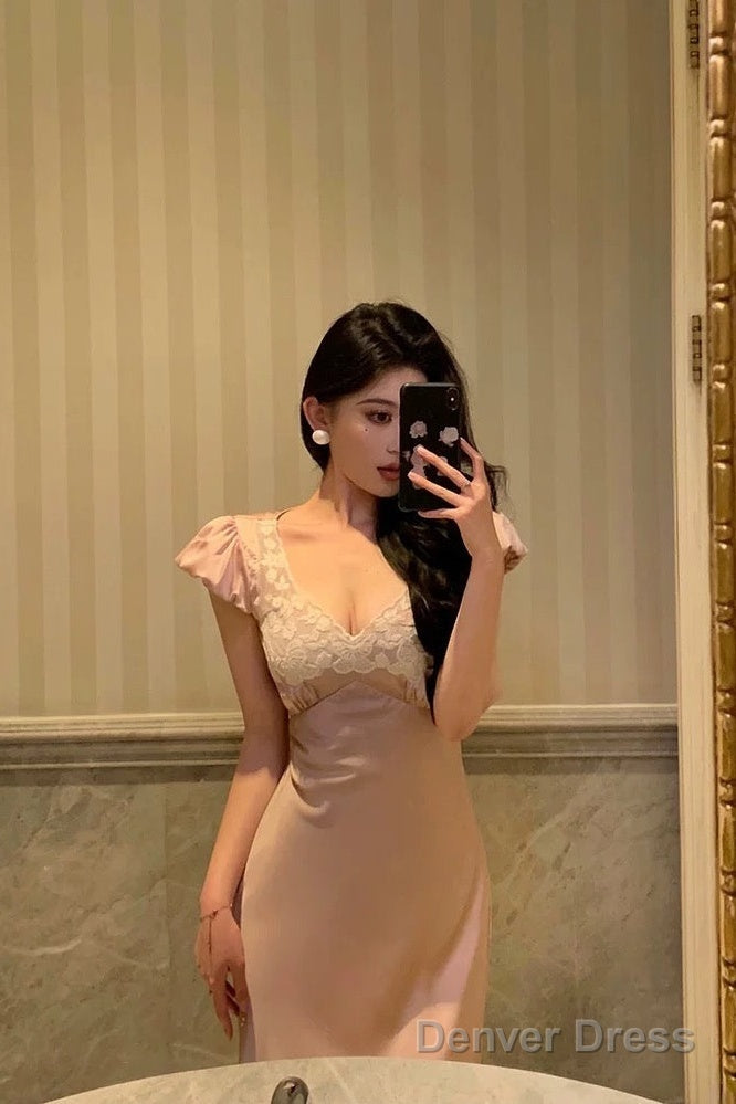 Sexy French Sheath V Neckline Long Pink Prom Dresses Birthday Outfits Prom Gowns