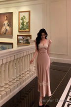 Sexy French Sheath V Neckline Long Pink Prom Dresses Birthday Outfits Prom Gowns