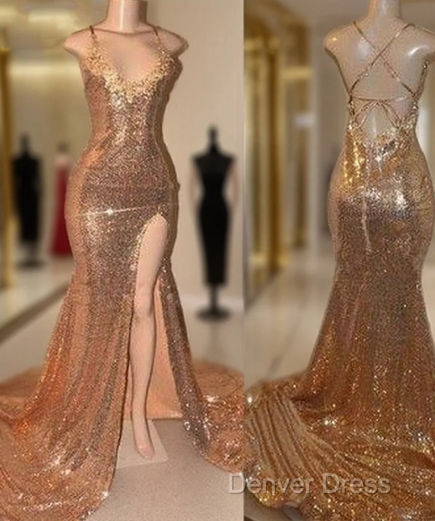 Sexy Gold Sequin Spaghetti-Straps Slit Prom Dresses
