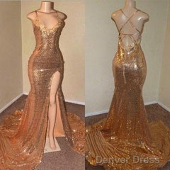 Sexy Gold Sequin Spaghetti-Straps Slit Prom Dresses