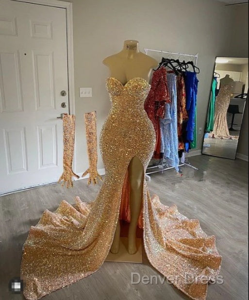 Sexy Gold Sequins Prom Dress Mermaid Long Black Girl Prom Dresses