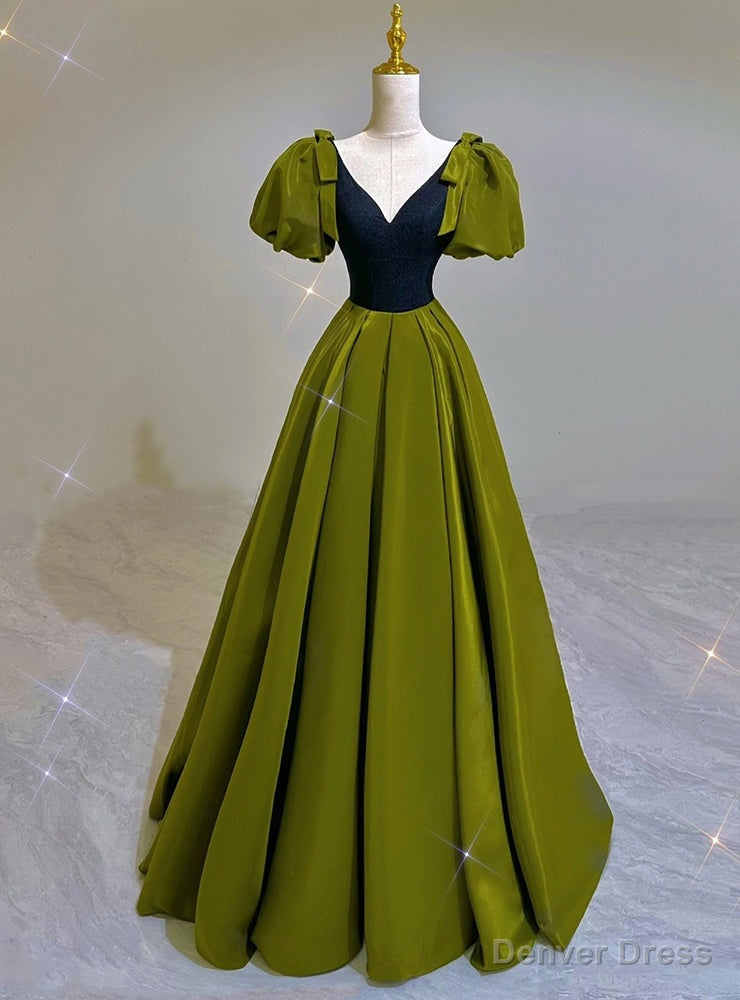 Sexy Green Satin V-neck Puff Sleeve Prom Dress Main image