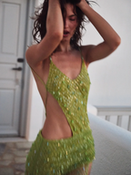 Sexy Green Sheath Spaghetti Strap Beaded Tulle Prom Dress With Slit