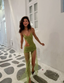 Sexy Green Sheath Spaghetti Strap Beaded Tulle Prom Dress With Slit