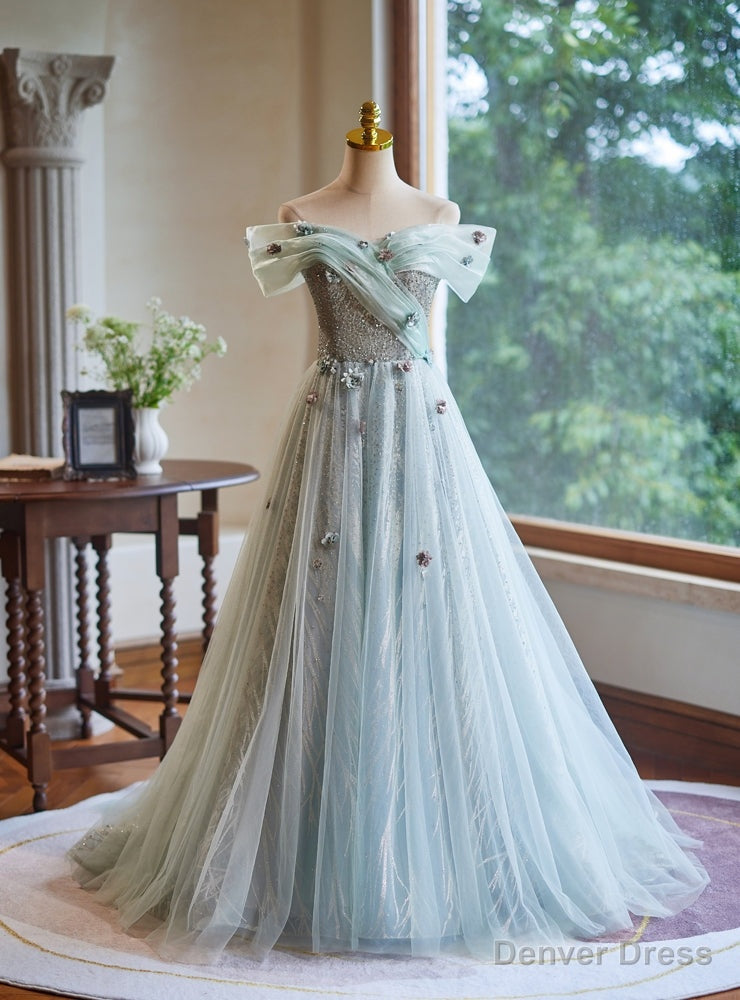 Sexy Green Tulle Sequins Off the Shoulder Flower Prom Dress Main image