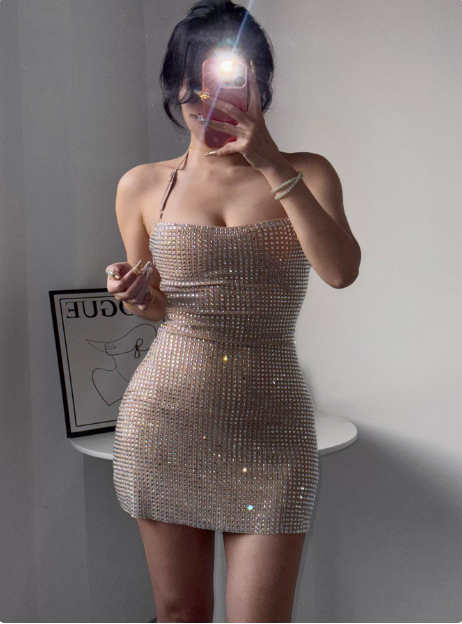 Sexy Halter Neck Super Sparkling Rhinestone Hip-Wrapped Birthday Short Skirt Homecoming Dresses