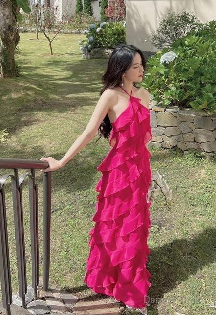 Sexy Halter Pink Layered Chiffon Prom Dresses Birthday Outfit Main image
