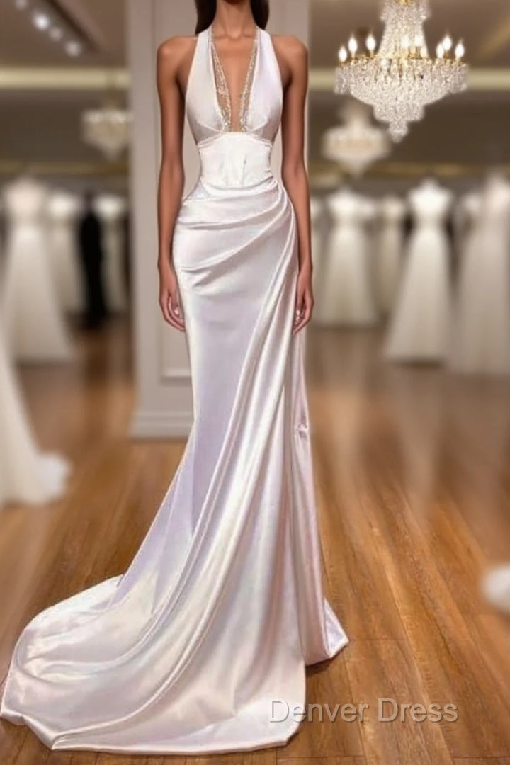 Sexy Halter V-Neck Mermaid Prom Dresses Ruffle Satin Long Party Dresses Main image