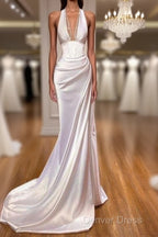 Sexy Halter V-Neck Mermaid Prom Dresses Ruffle Satin Long Party Dresses