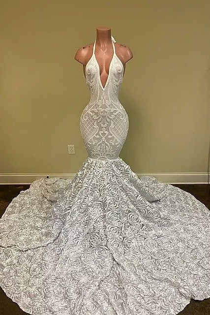 Sexy Hater Deep V-Neck Backless Ivory Prom Dress With Flowers Bottom Secondary image