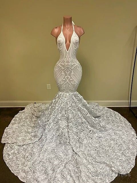 Sexy Hater Deep V Neck Backless Ivory Prom Dresses with Flowers Bottom