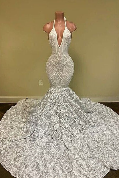 Sexy Hater Deep V-Neck Backless Ivory Prom Dress With Flowers Bottom