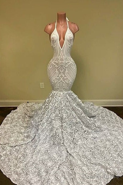 Sexy Hater Deep V Neck Backless Ivory Prom Dresses with Flowers Bottom