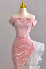 Sexy High Low Off The Shoulder Pink Velvet Prom Dress