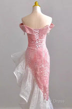 Sexy High Low Off The Shoulder Pink Velvet Prom Dresses