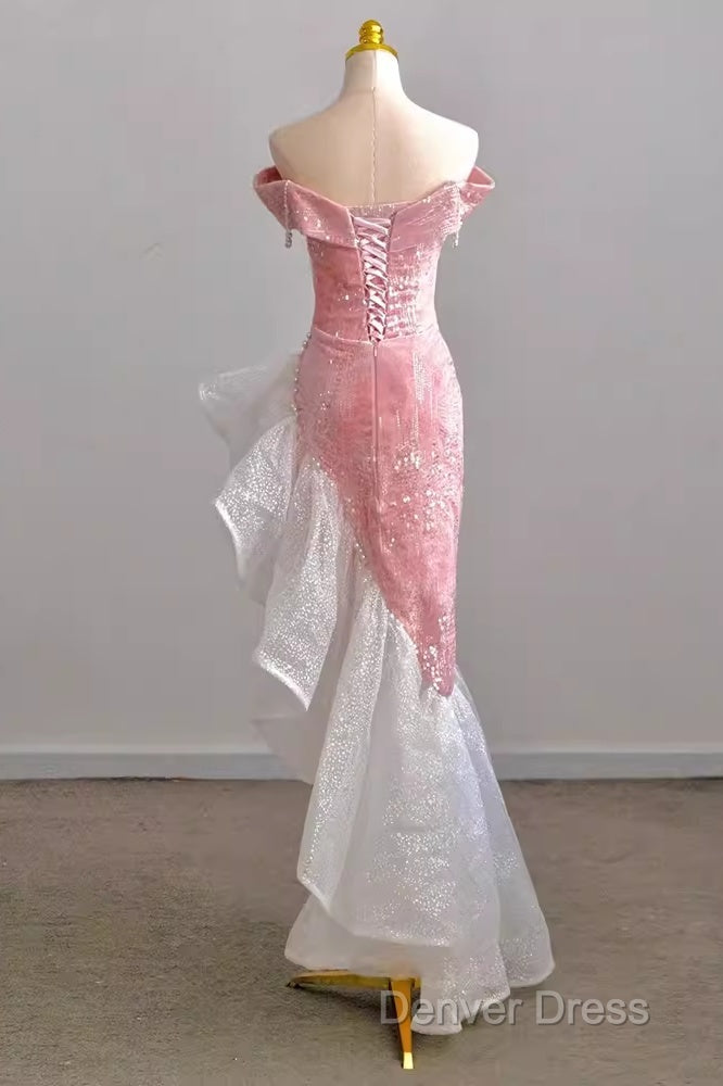 Sexy High Low Off The Shoulder Pink Velvet Prom Dresses