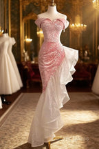 Sexy High Low Off The Shoulder Pink Velvet Prom Dresses