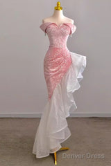 Sexy High Low Off The Shoulder Pink Velvet Prom Dress