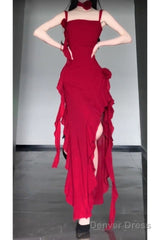 Sexy High Low Spaghetti Straps Christmas Dress Red Prom Dresses Birthday Outfits