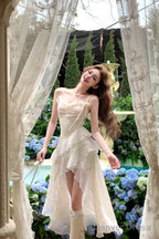 Sexy High Low Spaghetti Straps Ivory Holiday Dresses Night Dress Birthday Outfits