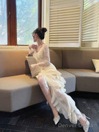 Sexy High Low V Neckline White Lace Ruffles Long Evening Dress Lace Prom Dresses