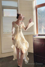 Sexy High Low V Neckline White Lace Ruffles Long Evening Dress Lace Prom Dresses