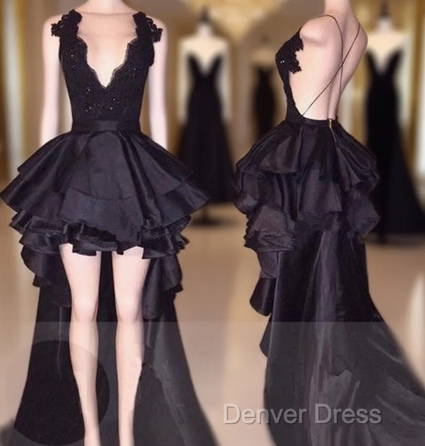 Sexy Layered Hi-Lo Lace Black Prom Dresses Main image