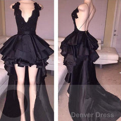 Sexy Layered Hi-Lo Lace Black Prom Dresses