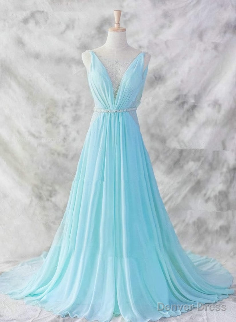 Sexy Light Blue Chiffon Backless Long Prom Gowns, Blue Prom Dresses