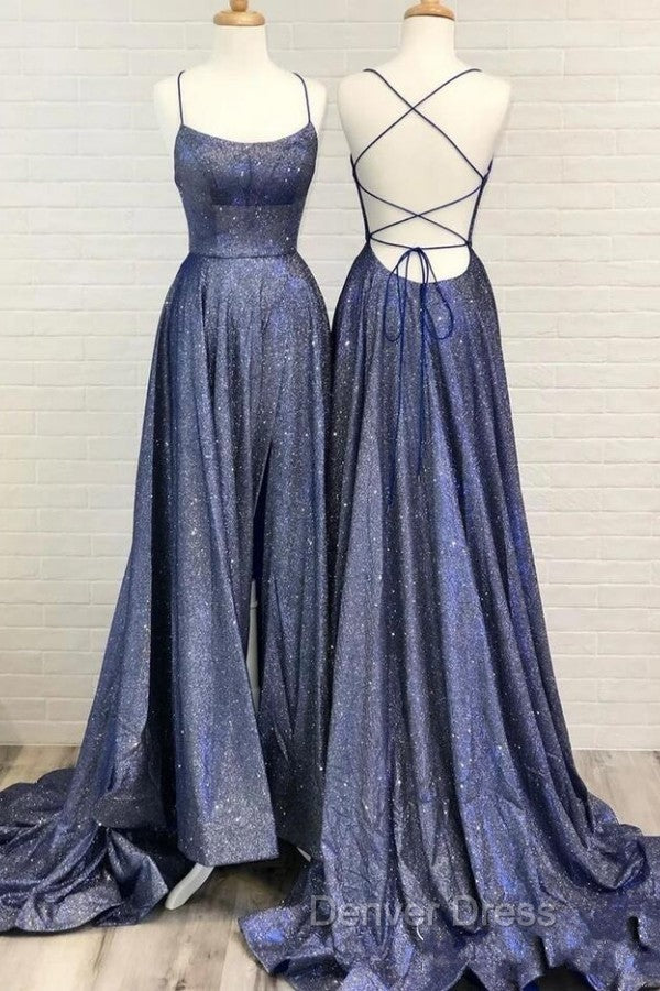Sexy Long A Line Spaghetti Straps Backless Ruffles Prom Dresses with Slit