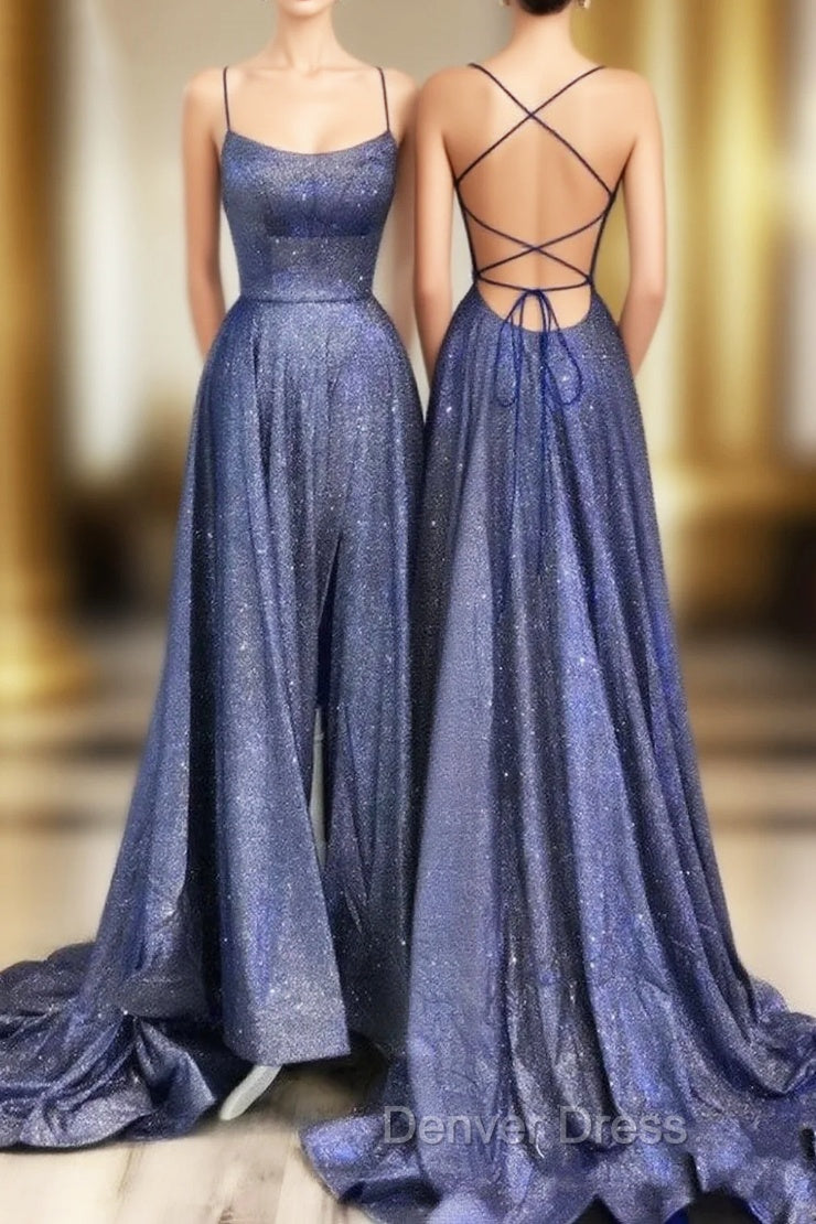Sexy Long A-line Spaghetti Straps Backless Ruffles Prom Dresses with Slit