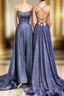 Sexy Long A-line Spaghetti Straps Backless Ruffles Prom Dresses with Slit