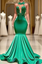 Sexy Long Green Lace Prom Dresses Open Back Mermaid Halter Dresses