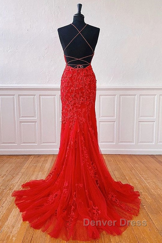 Sexy Long Lace Red Prom Dresses Open Back