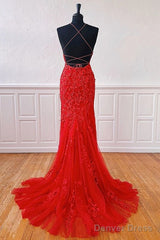 Sexy Long Lace Red Prom Dresses Open Back