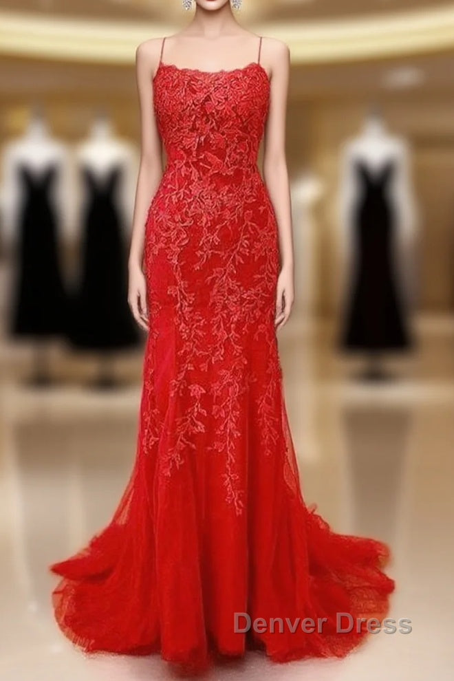 Sexy Long Lace Red Prom Dresses Open Back