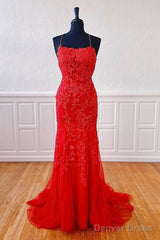 Sexy Long Lace Red Prom Dresses Open Back