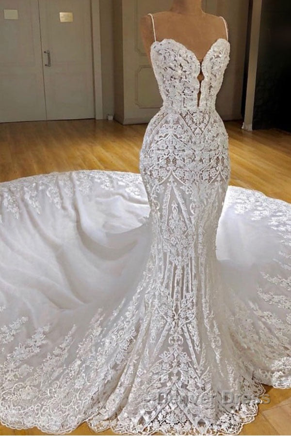 Sexy Long Mermaid V-neck Spaghetti Straps Appliques Lace Wedding Dresses Secondary image