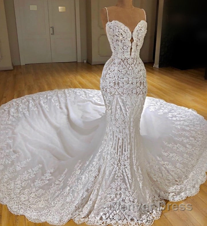 Sexy Long Mermaid V Neck Spaghetti Straps Appliques Lace Wedding Dresses