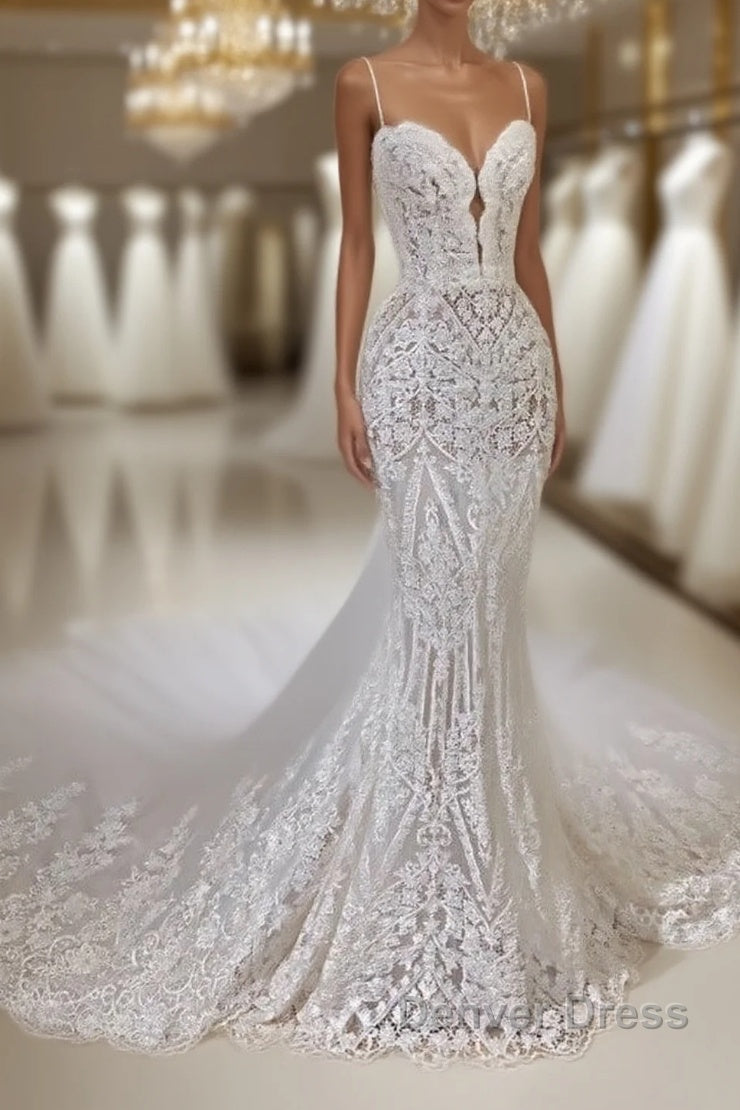 Sexy Long Mermaid V-neck Spaghetti Straps Appliques Lace Wedding Dresses Main image