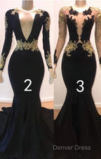 Sexy Long Sleeve Black Gold Prom Dresses  V Neck Appliques Formal Dresses