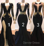 Sexy Long Sleeve Black Gold Prom Dresses  V Neck Appliques Formal Dresses